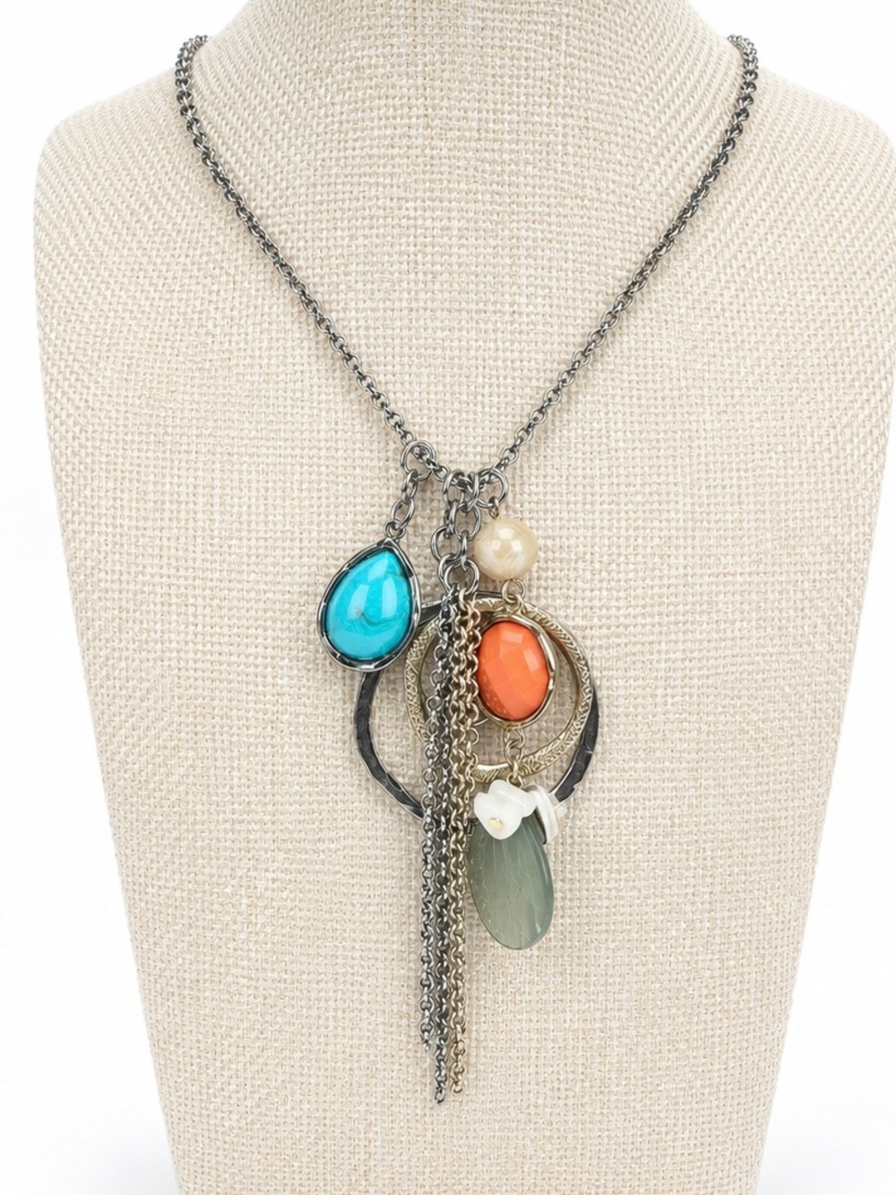 Chico's Silver Necklace with Turquoise and Stone Charms 18” Plus 4” Extender